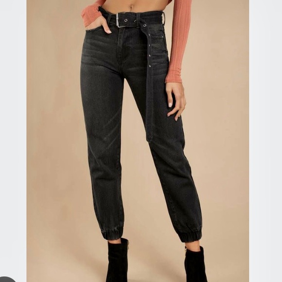 Tobi Black Denim Joggers Jeans Long Belt EUC 28 - Picture 1 of 10